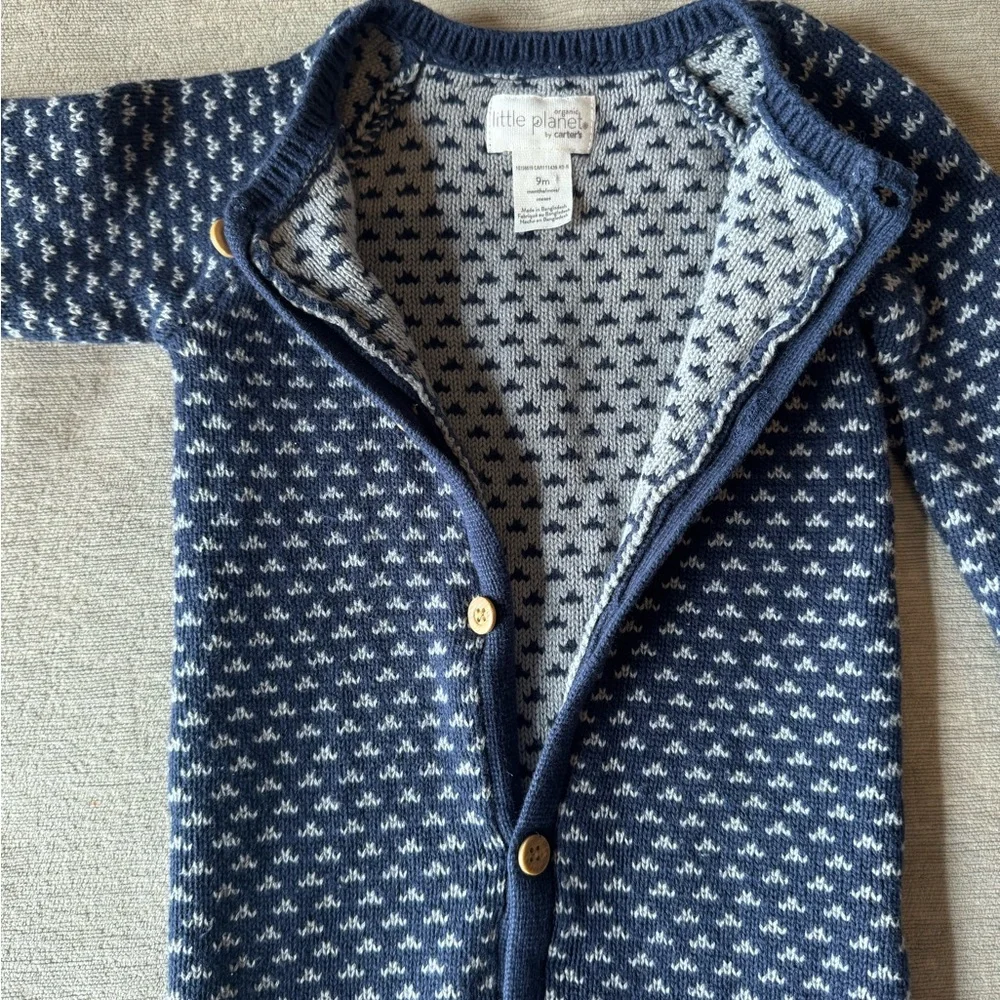 Little Planet by Carter’s Organic Cotton Knit Jumpsuit 9M Blue White Fair Isle